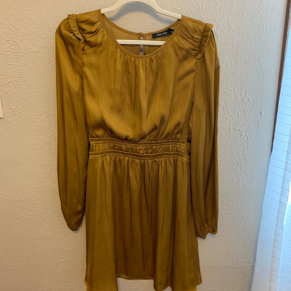 Doe & Rae: Satin Smock-waist, ruffle shoulder long-sleeve dress